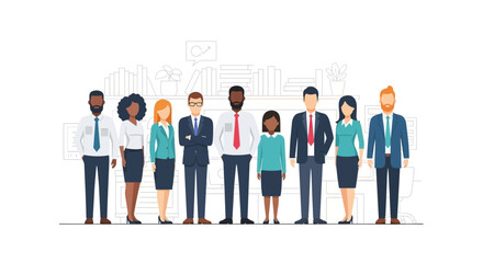 Diverse Business Team and Corporate Professionals Standing Together in Modern Minimalist Office Environment - Flat Style Vector Illustration © Devi
