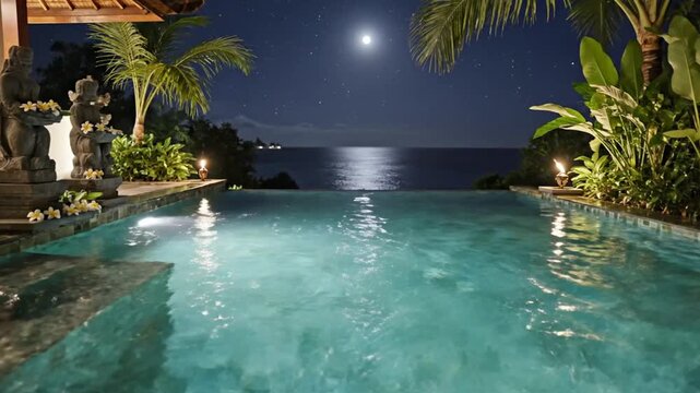 Tranquil nighttime infinity pool overlooking ocean with lush tropical foliage under clear starry sky