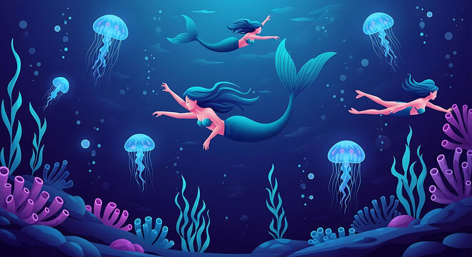 Enchanting Mermaids Swim Through a Vibrant Deep Sea with Jellyfish and Coral