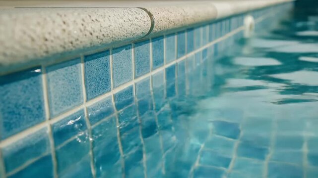 Close-up view of water rippling along the edge of a swimming pool with blue tiles and textured concrete rim