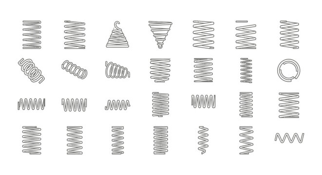 spring coil helix engineering vector icons set showcasing various mechanical and industrial elastic designs