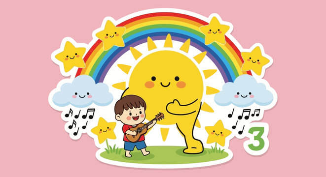 Cheerful cartoon sun, rainbow, stars, clouds, and boy playing guitar.