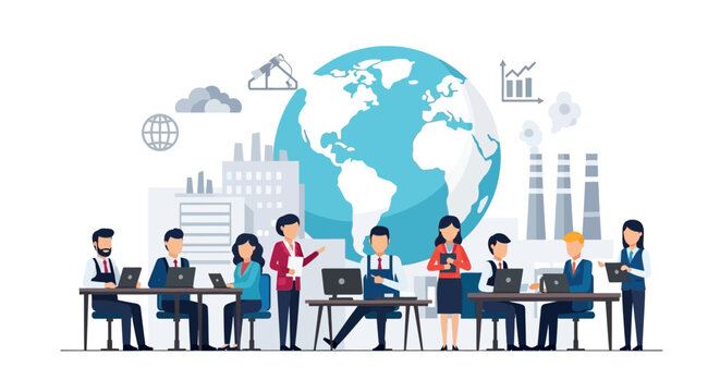 Global Business Team and International Collaboration Vector Illustration with Diverse Professionals Working in Modern Industry Concept
