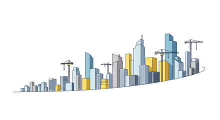 Obraz premium Modern City Construction Line Art Illustration with Skyscrapers and Cranes Representing Urban Development and Real Estate Growth