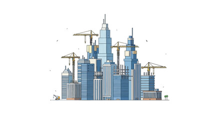 Obraz premium Modern City Skyline Construction Illustration with Skyscrapers and Tower Cranes on White Background for Real Estate and Urban Development Concepts