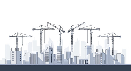 Obraz premium Modern City Construction Skyline Vector Illustration with Tower Cranes and Buildings