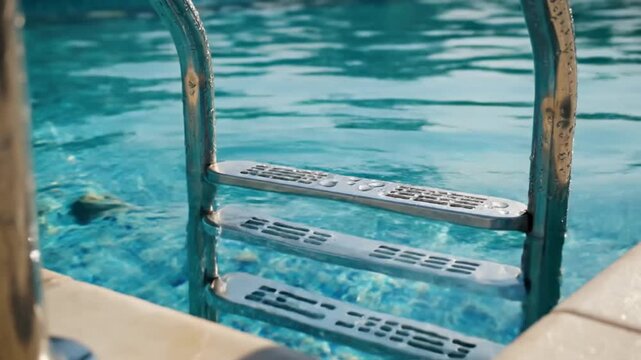 Serene aquatic scene capturing a set of metal pool steps surrounded by clear blue water