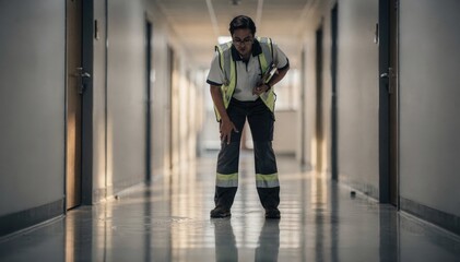 Obraz premium Medium shot of janitor supervisor inspecting a welllit hallway during morning rounds focusing intently on floor cleanliness while the background remains softly blurred.