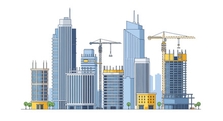 Obraz premium Modern City Skyline Construction Site with Skyscrapers and Tower Cranes - Flat Line Vector Illustration