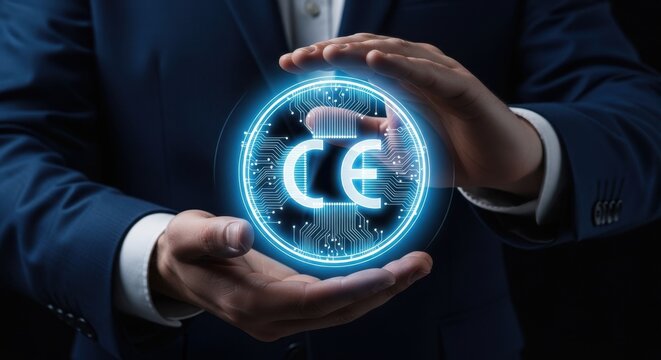 Businessman in a dark blue suit holding a glowing digital CE certification mark hologram with blue circuit board lines. Concept of European compliance, quality control, and technology standards