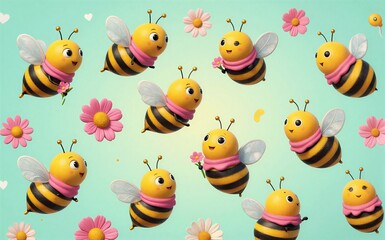 Obraz premium Cute bees with scarves fly among colorful flowers on a pastel
