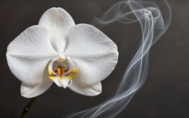 Obraz premium White orchid blooms softly beside swirling smoke against a dark