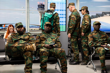 Fototapeta premium Military troops team in airport terminal sitting on bench, waiting for plane arrival. Multiracial army squad wearing camouflage uniforms bored in airport hub after flight got delayed