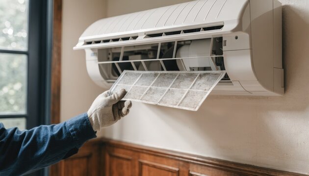 Closeup of minisplit air conditioner indoor unit with technicians hand changing filter focusing on seasonal preventive maintenance in a home setting.
