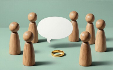 Obraz premium Wooden figures surround a speech bubble and ring symbolizing
