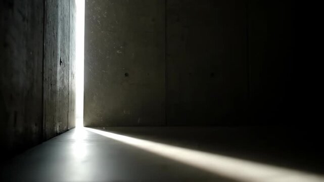 Bright light shining through a narrow gap in a dark concrete wall. Minimalist architecture with dramatic shadows and sunbeam ray entering a dim interior space.