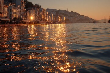 Fototapeta premium Serene Sunset Glow on Waterside Buildings