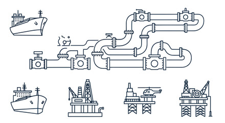 Obraz premium Oil And Gas Industry Icons: Offshore Platforms, Ships, Pipelines, and Helicopter