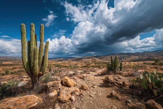 Desert Landscape with Cacti and Stormy Sky