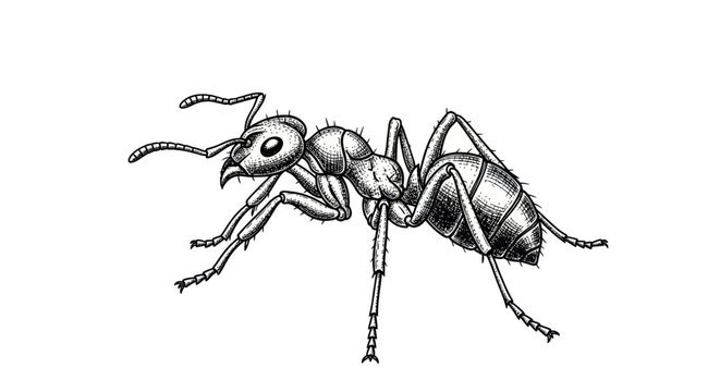 Detailed ant illustration, black and white sketch, isolated on white background