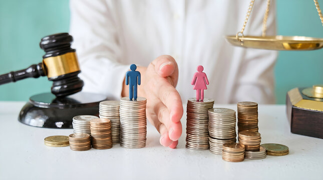Gender pay gap visual male and female figures on unequal money stacks with justice symbols, highlighting economic equality