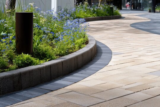 a outdoor scene featuring a prominent curved concrete border dividing a pedestrian path from a planted section Generative AI