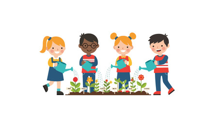 Fototapeta premium Four happy children are watering a beautiful row of colorful flowers in a garden using small blue watering cans on a white background.