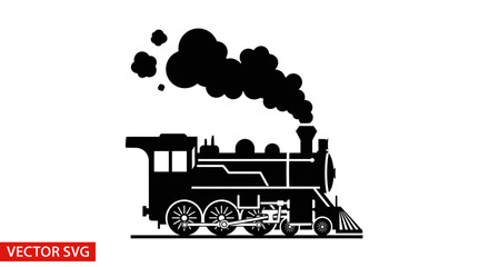 Naklejka premium Vintage Steam Locomotive Silhouette with Smoke - Black and White Vector