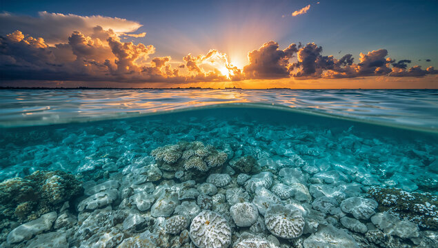 夕日の海中で白化したサンゴが広がる海洋環境悪化の写真