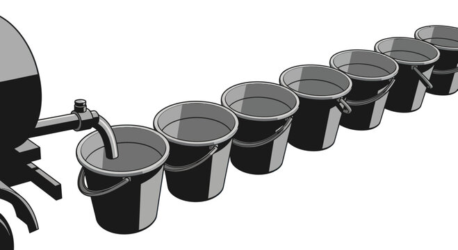 Water Filling Buckets in a Row from a Spigot