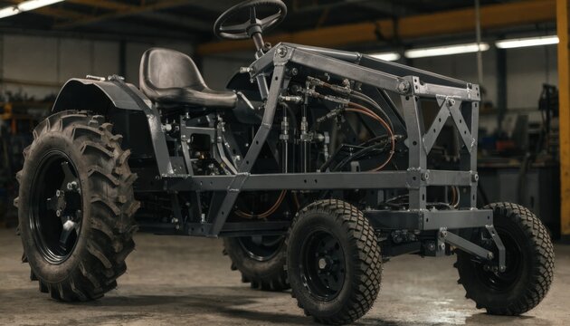 Medium shot of an openframe garden tractor under assembly highlighting the robust welded structure and exposed hydraulic systems emphasizing durability and functionality.