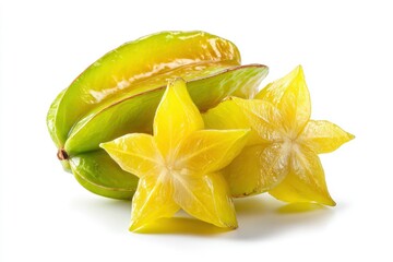 Fototapeta premium Whole and sliced starfruit, fresh yellow carambola exotic fruit isolated on white background.