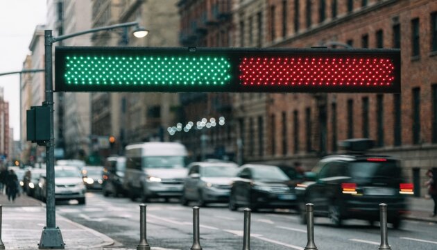 Medium shot of an overhead LED sign displaying realtime parking space availability with sensor data blurred in the background.