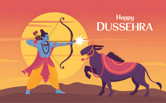 Lord Rama, aiming a bow and arrow at a buffalo against a large yellow sun, happy Dussehra greeting