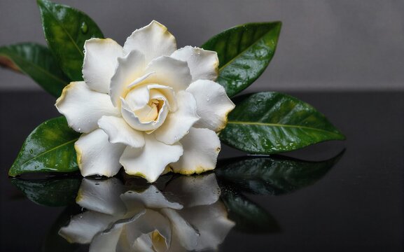 White gardenia blooms with dew on glossy leaves reflected in dark
