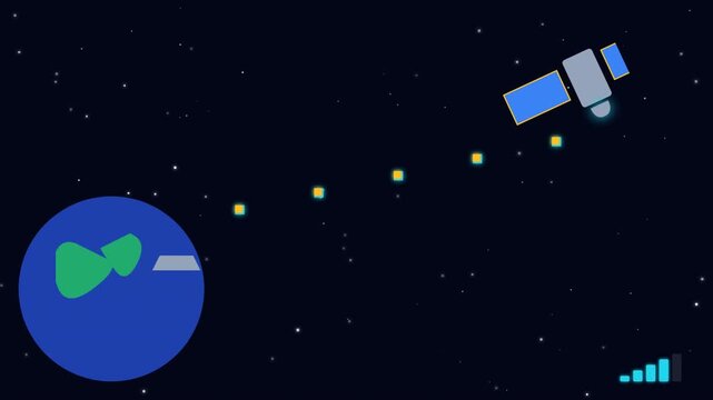 A stylized satellite orbits Earth, transmitting signals represented by colored dots across space