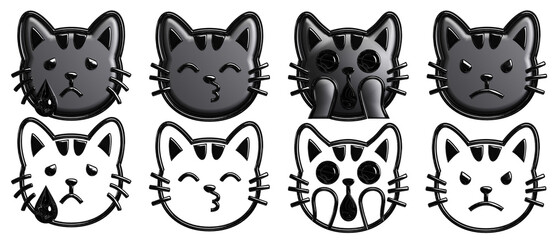 Fototapeta premium Expressive Dark Metallic Cat Emoji Collection with Crying, Kissing, Shocked, and Angry Faces on Transparent Background