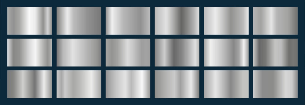 Realistic silver, aluminium, platinum steel gradient texture pack. Shiny metal foil gradient set. Vector illustration