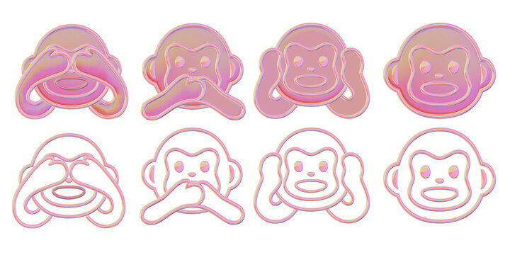 Expressive Four Monkey Emoji Faces: See, Speak, Hear No Evil, and Happy with Modern Color Effects on Transparent Background.