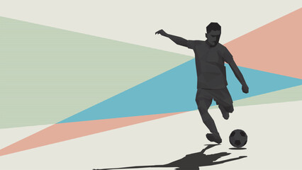 Fototapeta premium Silhouette polygon football player kick the ball with grometric pastel background have blank space