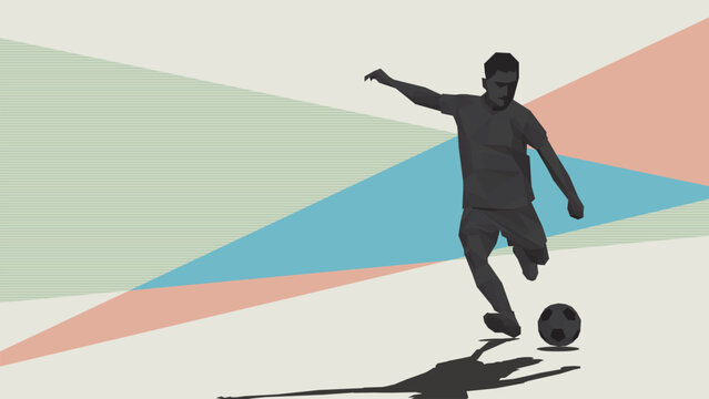 Silhouette polygon football player kick the ball with grometric pastel background have blank space