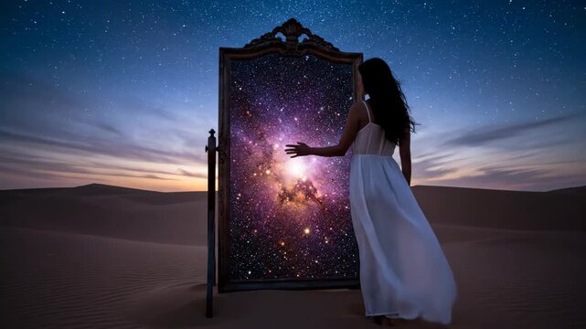 Woman in white dress touches a magical mirror reflecting a cosmic nebula in the desert. Surreal portal to space conceptual dreamscape for fantasy visualization.