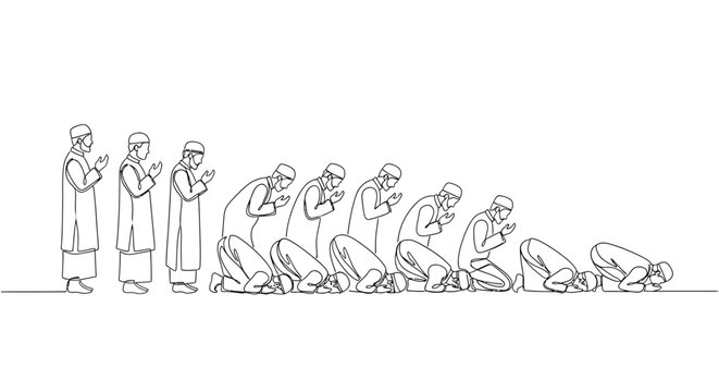 Muslim men praying in unison, showing Salah prayer sequence in line