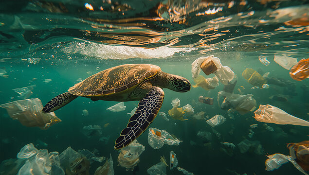 海洋ごみの中を泳ぐウミガメが危機を伝える海中環境写真
