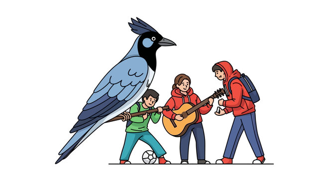 Giant Blue Jay Bird with Children Playing Musical Instruments.
