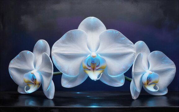 Three glowing white orchids with blue highlights on dark reflective