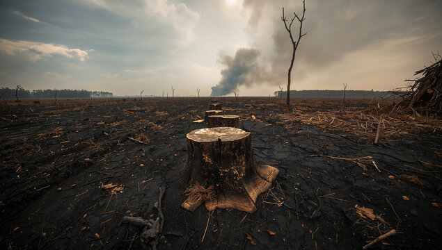煙が立ちのぼる焼失伐採地に切り株が残る環境記録写真