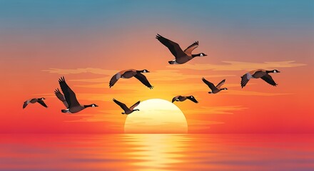 Obraz premium Flock of geese migrating over the ocean at sunset