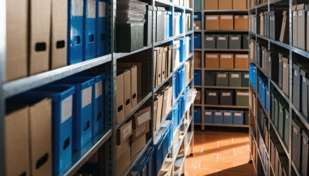 Rows of open metal racks with mixed file boxes and folders central shelf sharply detailed peripheral shelves fading softly into background.