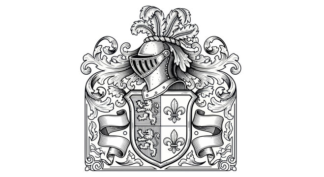 Vintage Heraldic Coat of Arms with Ornate Scrollwork and Helmet